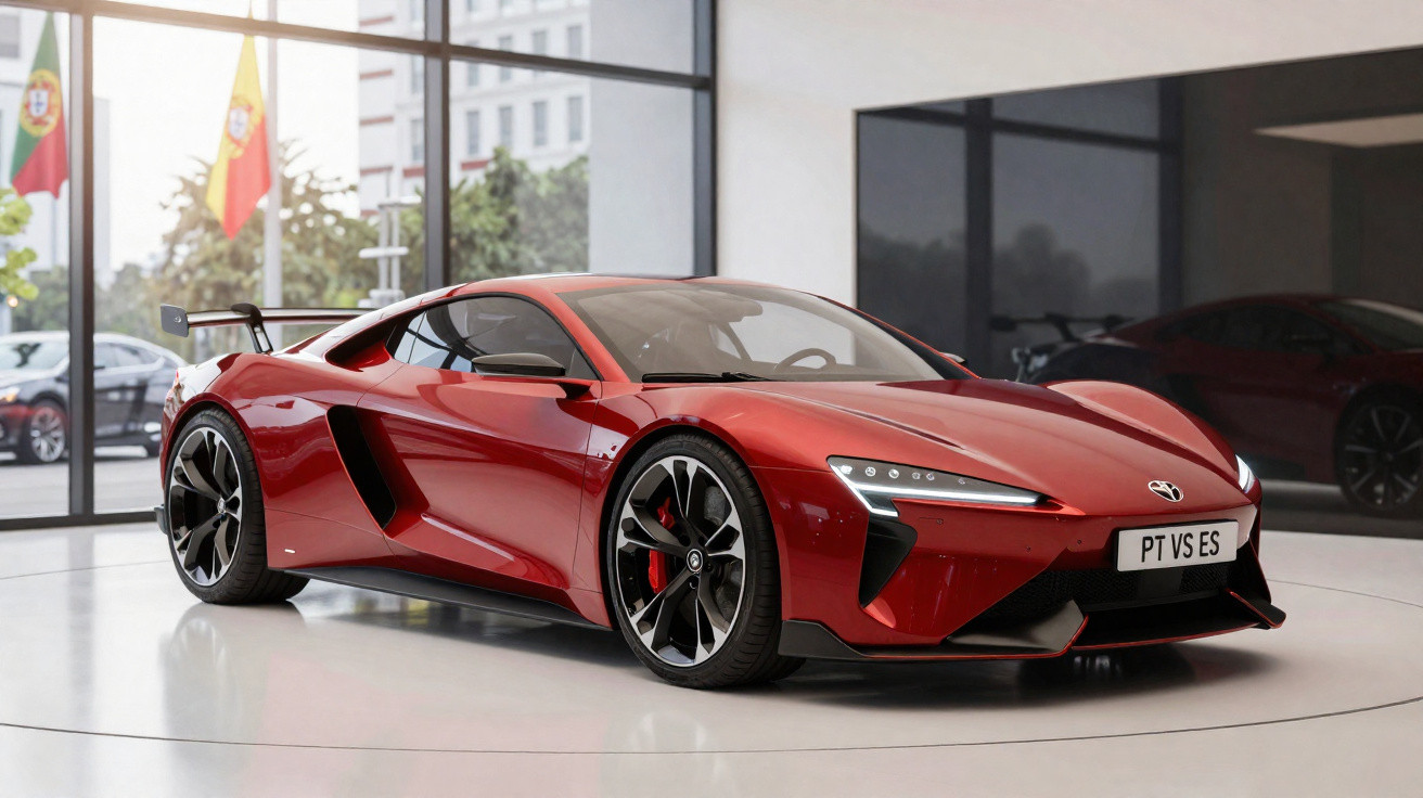 Carro desportivo vermelho brilhante estacionado em showroom com bandeiras de Portugal e Espanha ao fundo.
