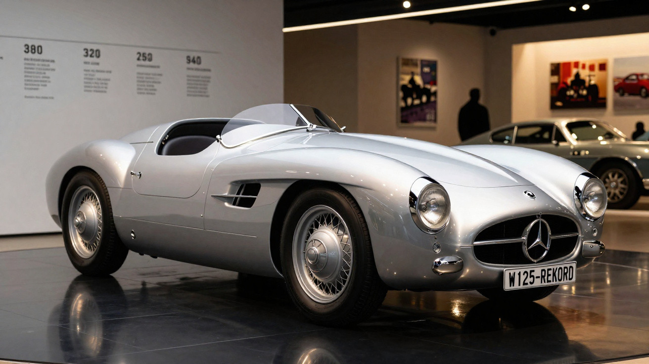 Carro desportivo clássico Mercedes-Benz prata exposto em museu automóvel com iluminação ambiente.