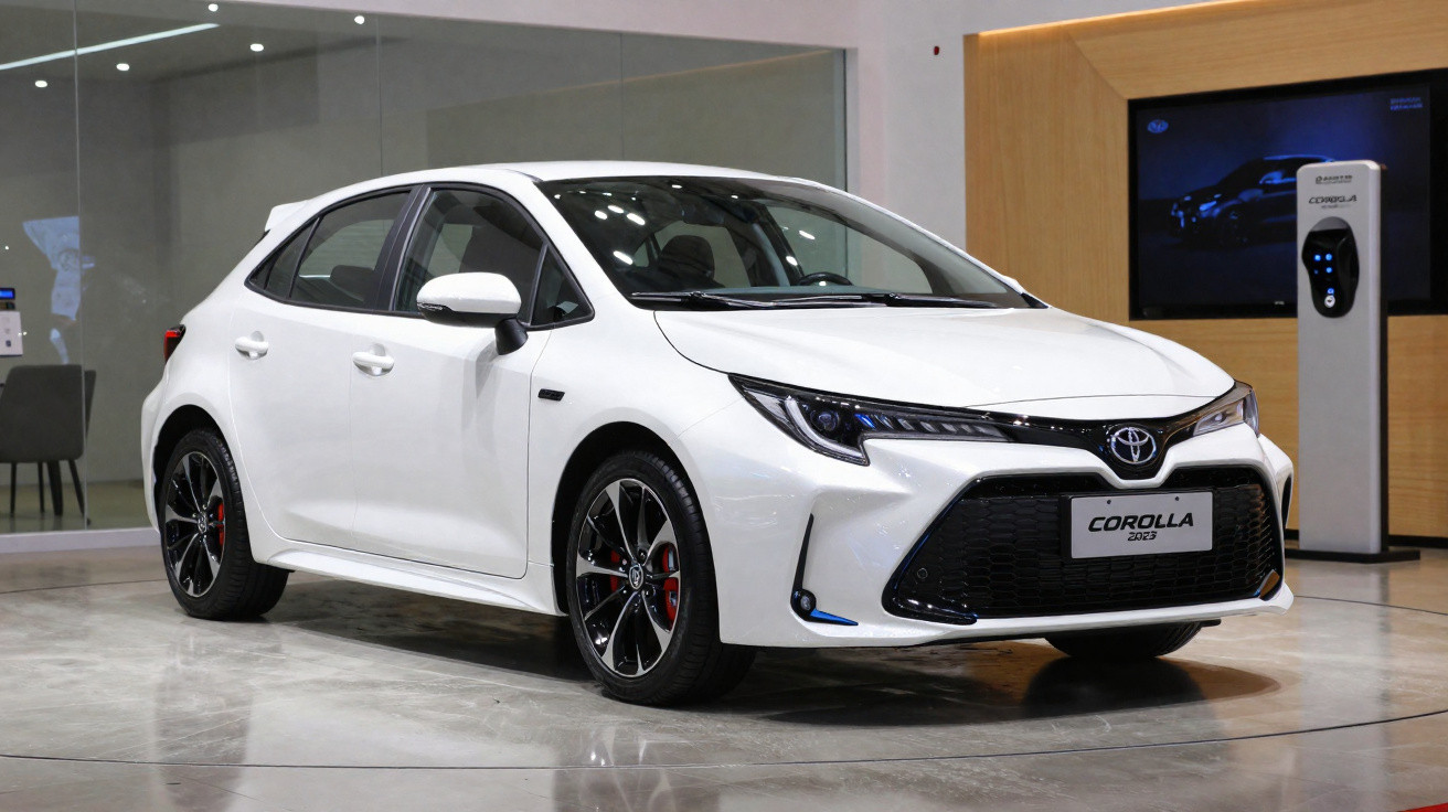 Toyota Corolla branco exposto em showroom com rodas pretas e detalhes em vermelho.