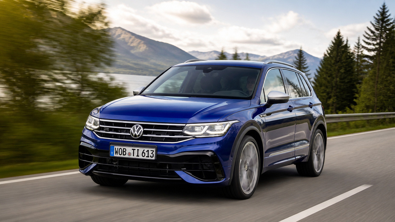 Carro SUV azul Volkswagen a circular numa estrada com montanhas e árvores ao fundo.