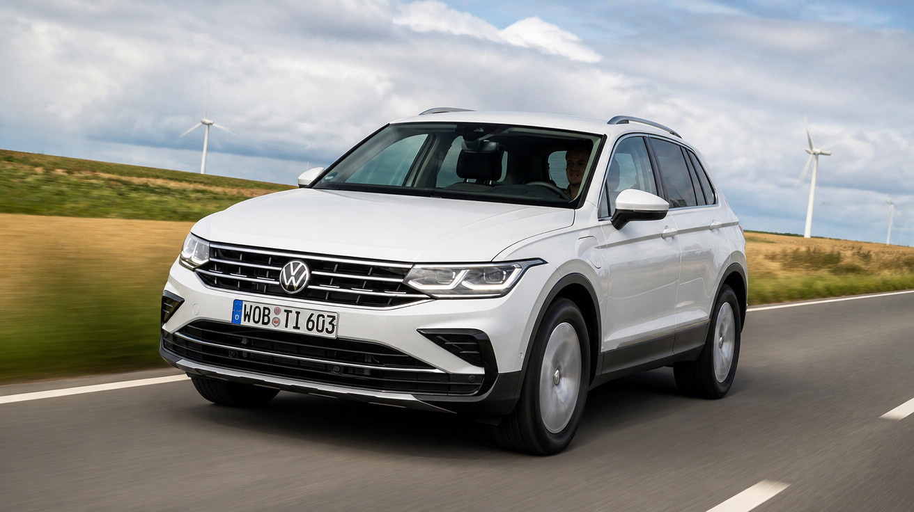Carro Volkswagen Tiguan branco a circular numa estrada rural com turbinas eólicas ao fundo.