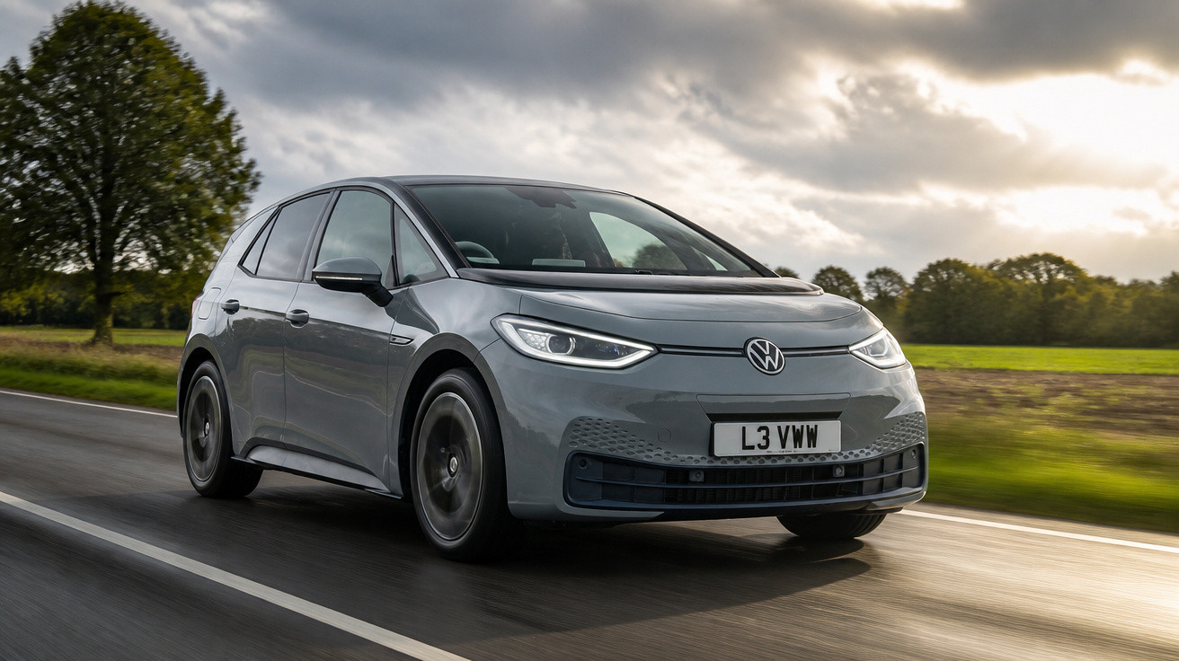 Carro elétrico Volkswagen cinzento a conduzir numa estrada rural sob céu nublado ao entardecer.