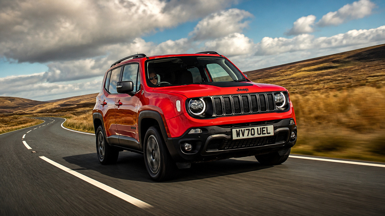 Carro Jeep vermelho a conduzir numa estrada sinuosa num cenário natural com céu nublado.