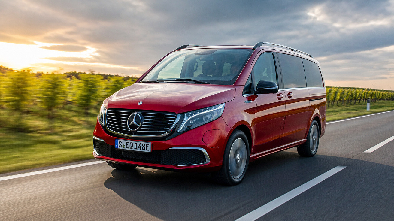 Carrinha Mercedes-Benz vermelha a circular numa estrada rodeada por vinha ao pôr do sol.