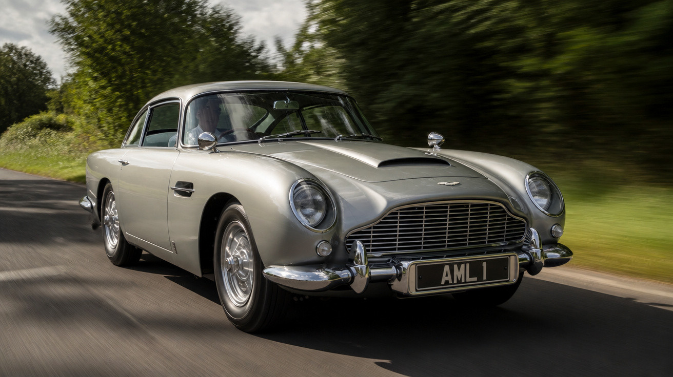 Aston Martin clássico cinza a circular numa estrada rodeada de árvores e céu nublado.