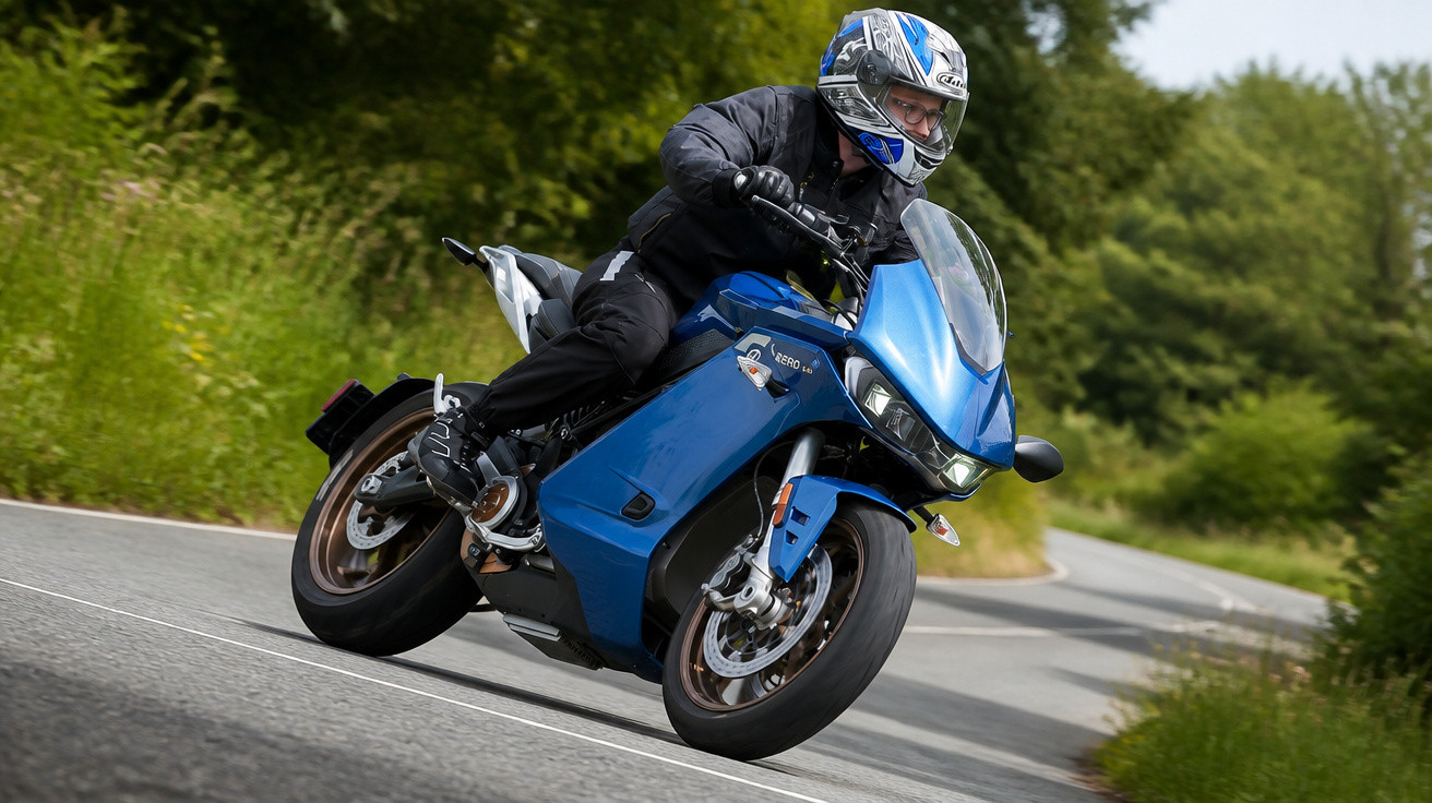 Motociclista com capacete azul a conduzir uma moto desportiva azul numa estrada curva rodeada de vegetação.