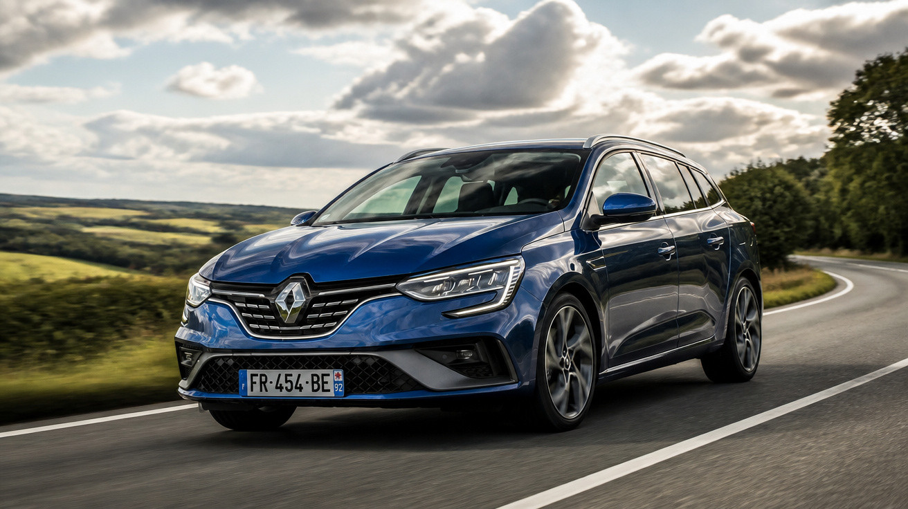 Carro Renault azul a circular numa estrada sinuosa rodeada de natureza e céu nublado.