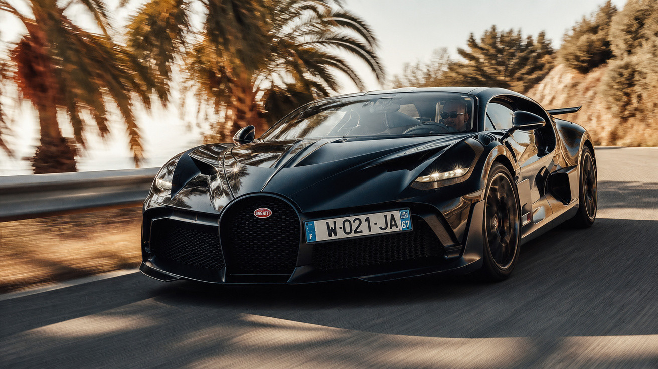 Carro desportivo preto Bugatti a circular numa estrada com palmeiras ao fundo.