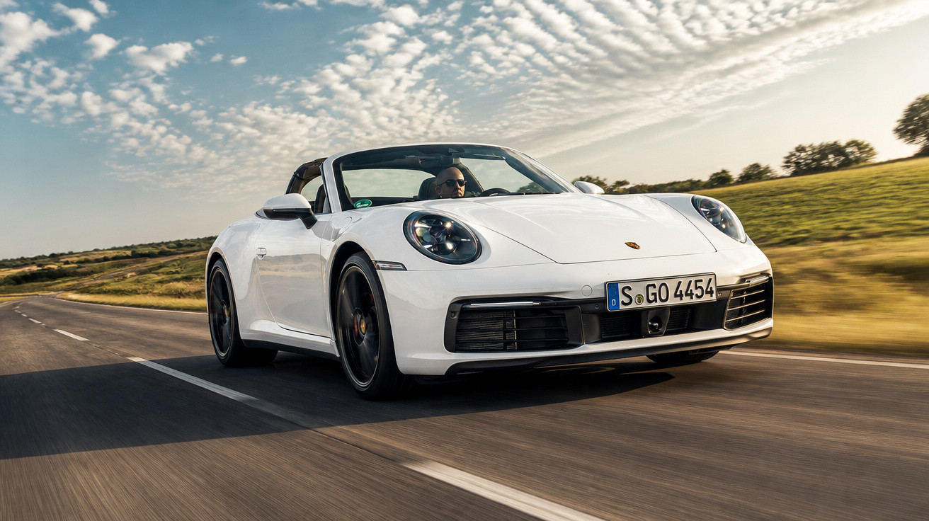 Carro desportivo branco Porsche conversível a alta velocidade numa estrada rural sob céu com nuvens.