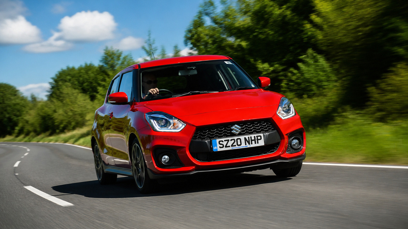 Carro vermelho Suzuki Swift a conduzir numa estrada sinuosa com árvores e céu azul ao fundo.