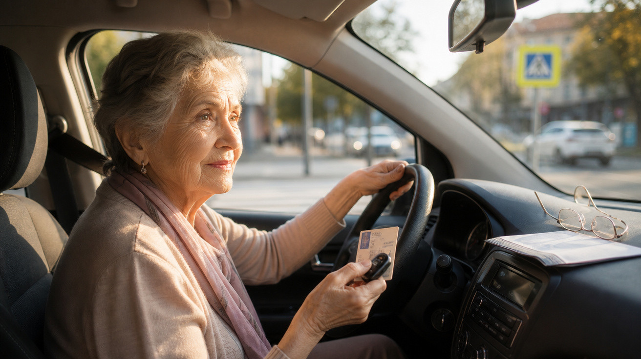 Idosa sentada ao volante de um carro, segurando carta de condução e comando na mão.