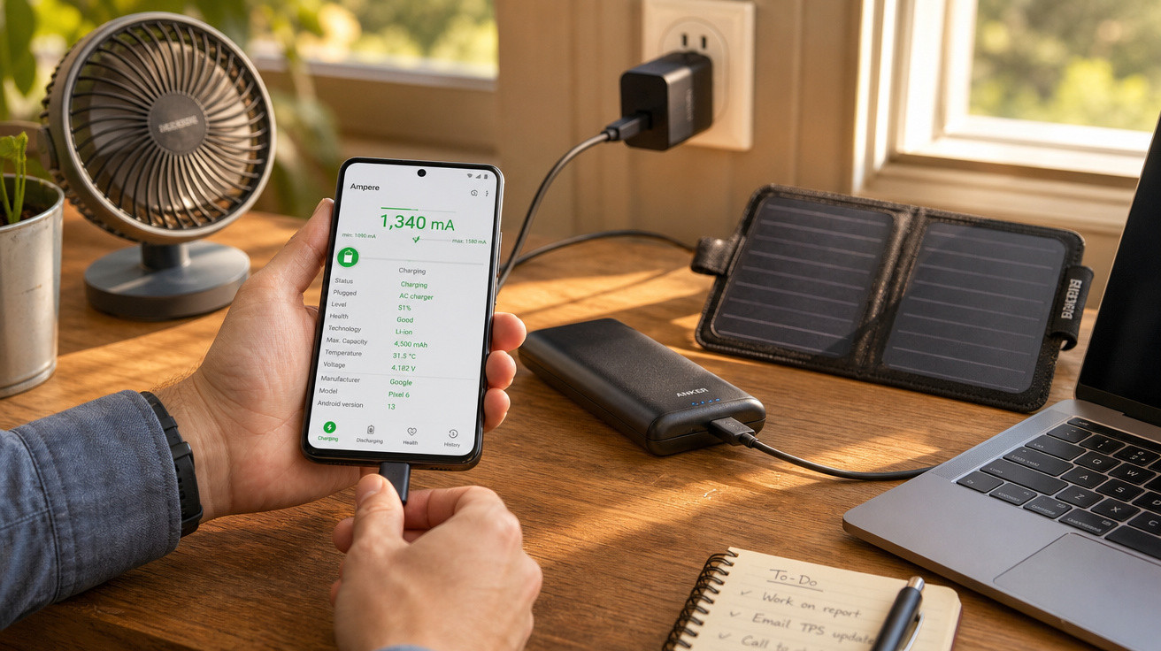 Pessoa a segurar telemóvel a carregar com powerbank numa mesa de escritório junto a portátil e painel solar portátil.