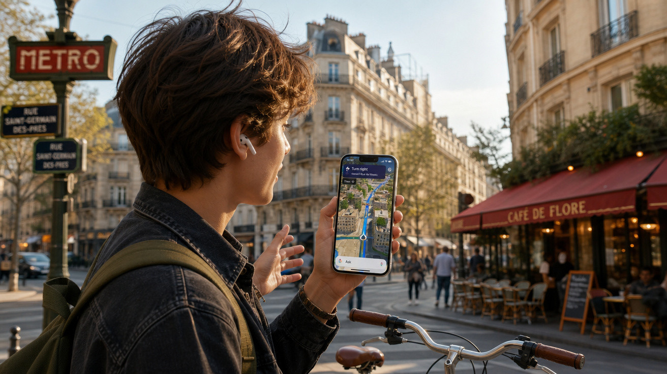 Jovem com mochila e auscultadores mostra mapa digital no telemóvel junto a bicicletas e café numa rua de Paris.