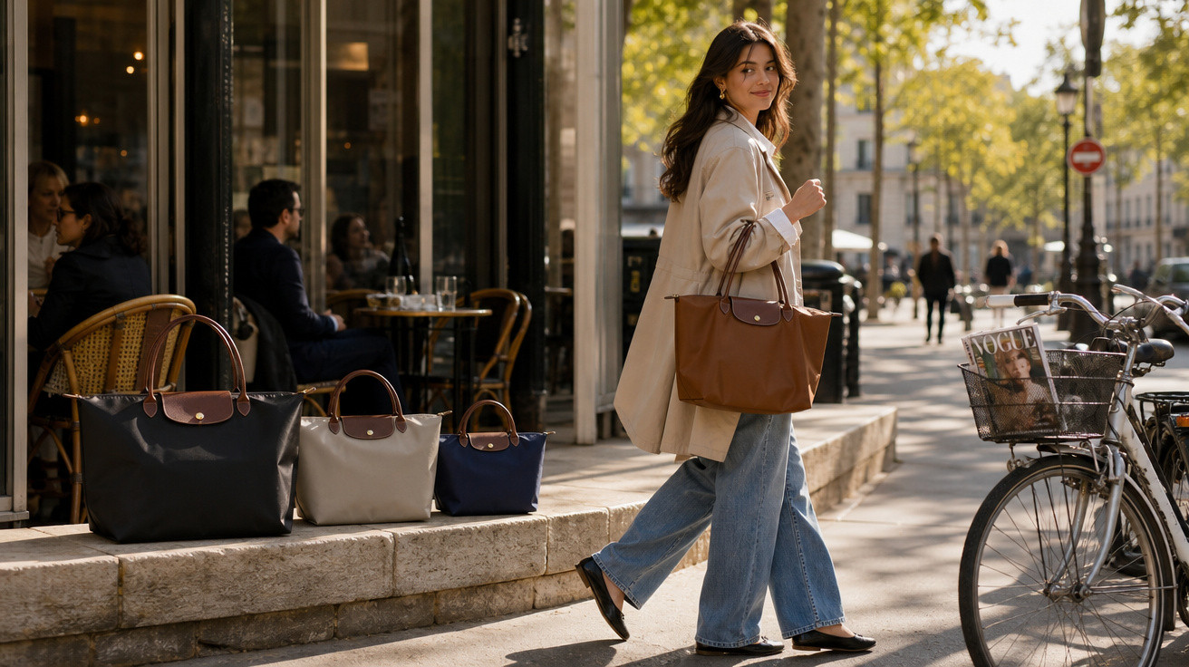 Mulher com casaco bege e jeans caminha na rua segurando mala castanha, três malas estão expostas numa parede à esquerda.