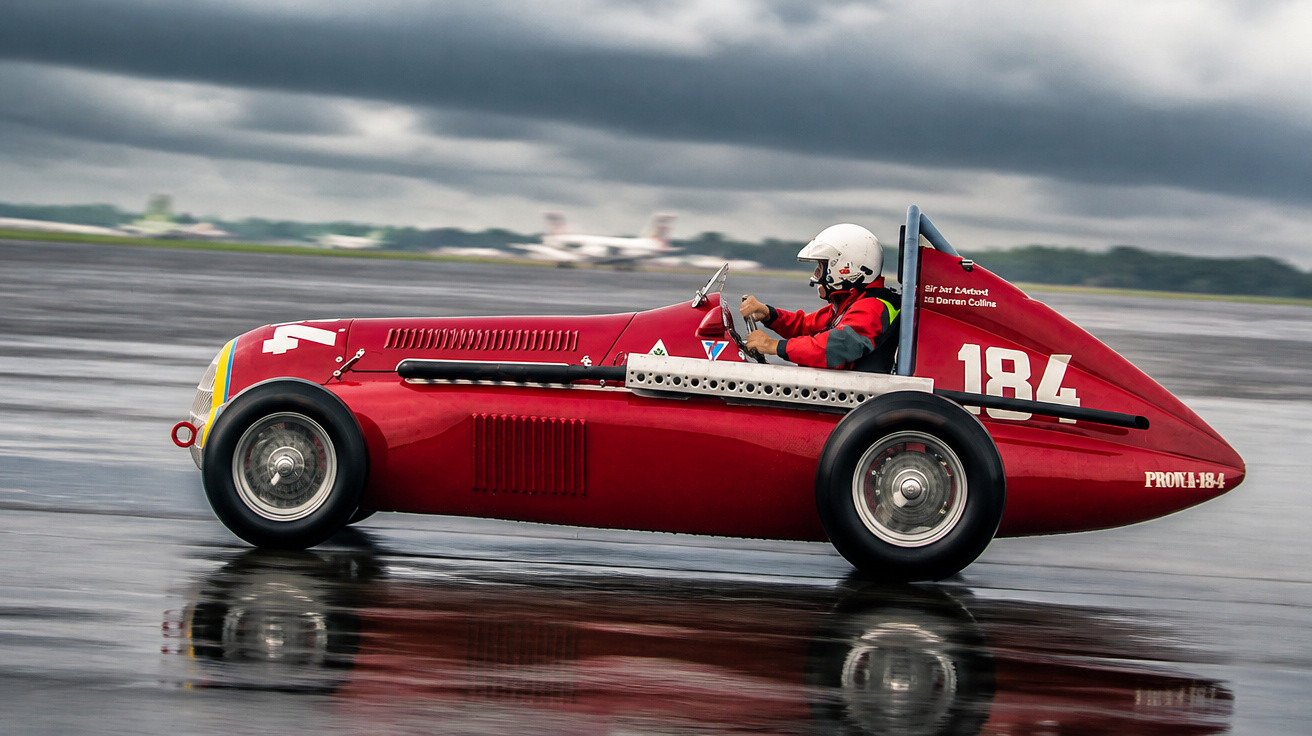Carro de corrida vermelho vintage com piloto de capacete branco em pista molhada sob céu nublado.