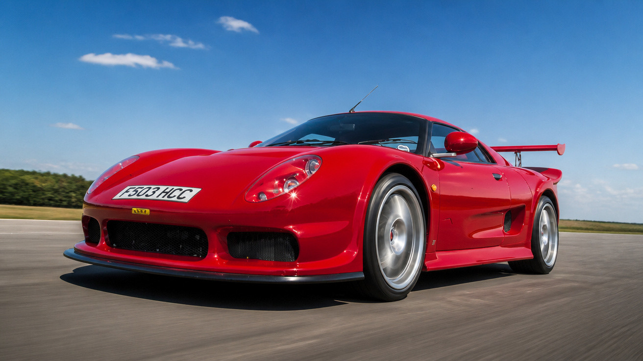 Carro desportivo vermelho em movimento numa estrada sob céu azul com poucas nuvens.