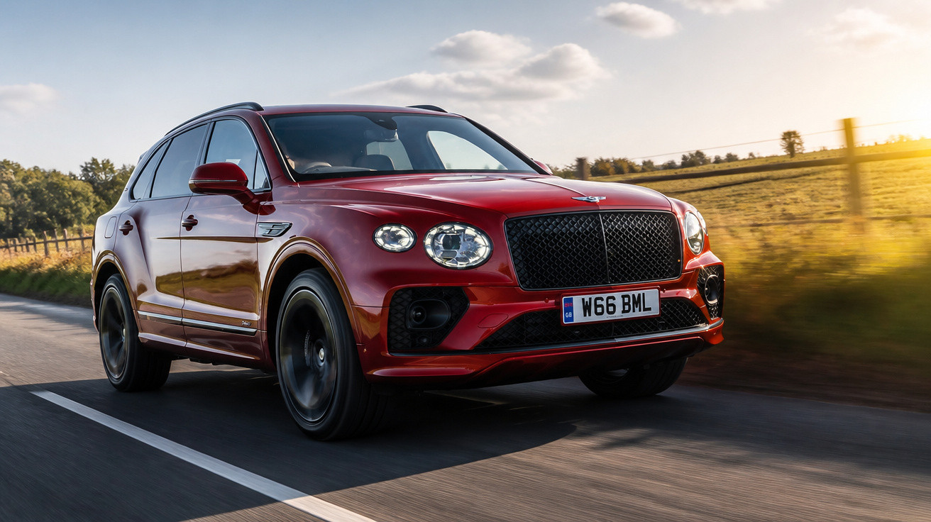 Carro SUV vermelho Bentley a circular numa estrada rural ao pôr do sol.