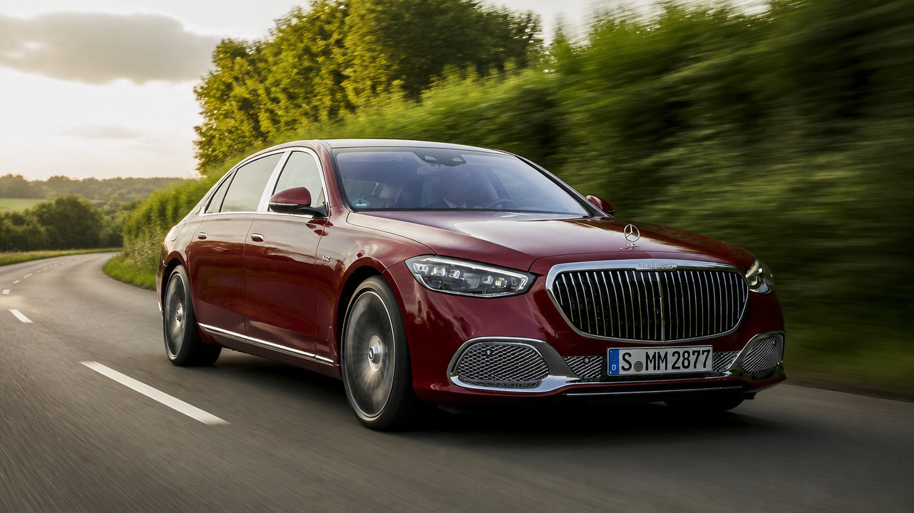 Carro vermelho de luxo Mercedes-Maybach a circular numa estrada rodeada de vegetação sob um céu nublado.