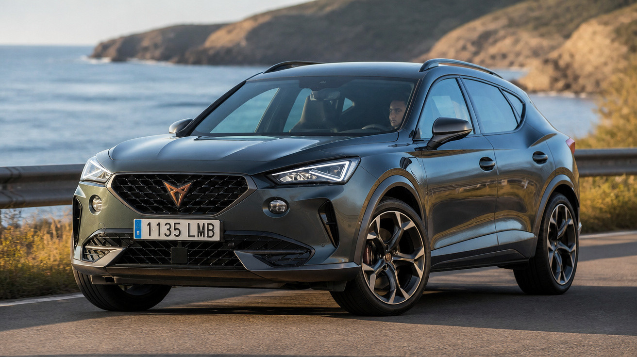 SUV Cupra Ateca cinzento a circular numa estrada costeira com mar ao fundo.
