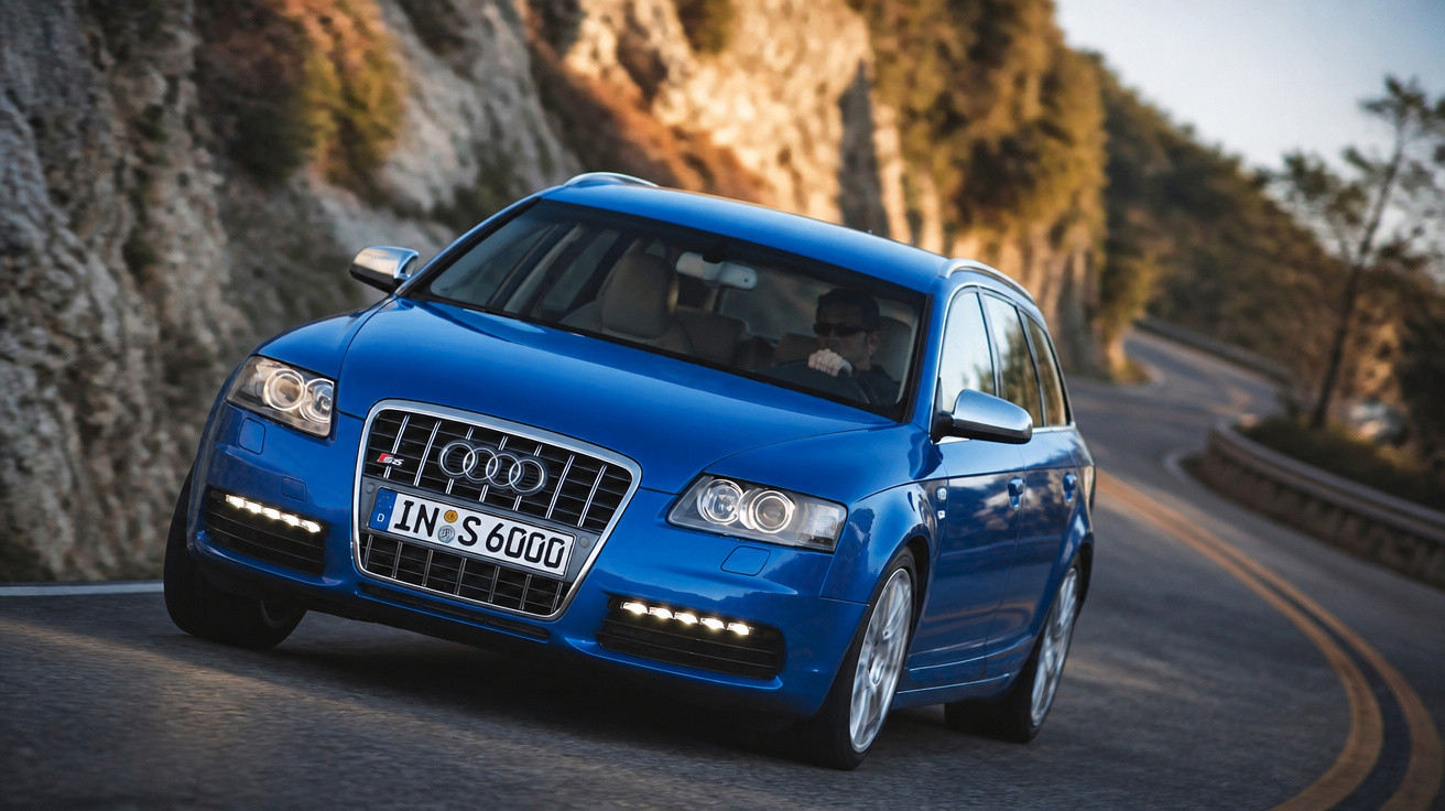 Carro Audi azul a curvar numa estrada montanhosa com paisagem rochosa e árvores ao fundo.
