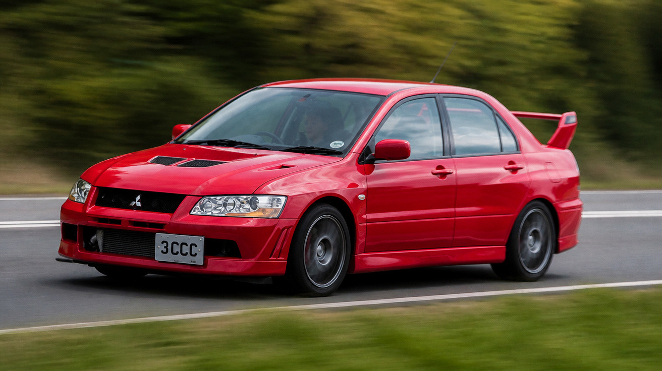 Carro desportivo vermelho Mitsubishi Lancer Evolution a circular numa estrada com vegetação ao fundo.