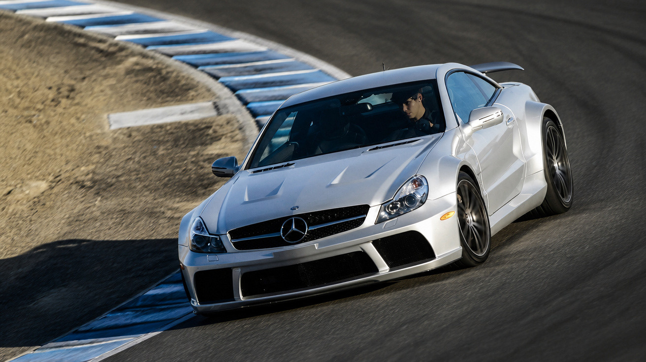 Carro desportivo Mercedes-Benz prata a fazer curva numa pista de corrida com faixa azul e branca.