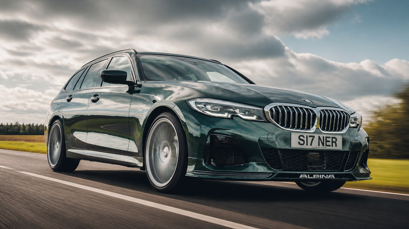 Carro desportivo BMW Alpina verde escuro a circular numa estrada sob um céu nublado.