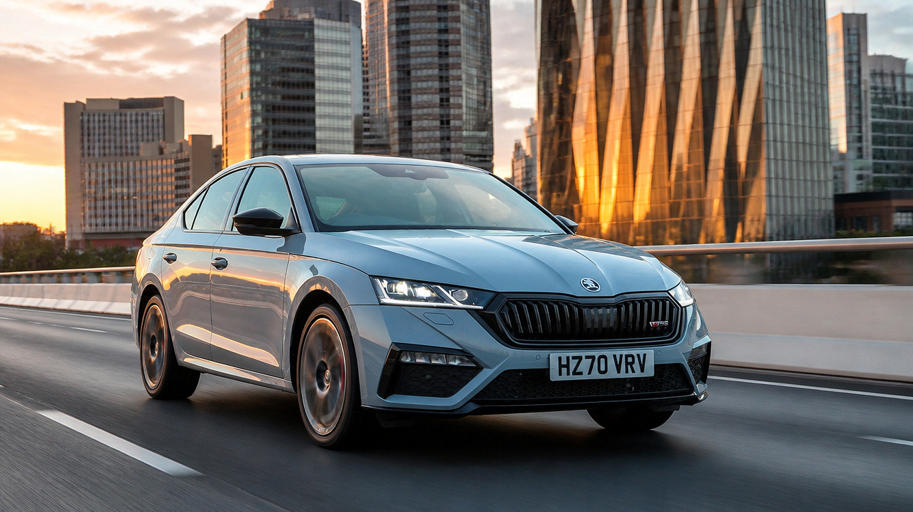 Carro cinza Skoda Octavia em estrada urbana com edifícios altos ao pôr do sol.