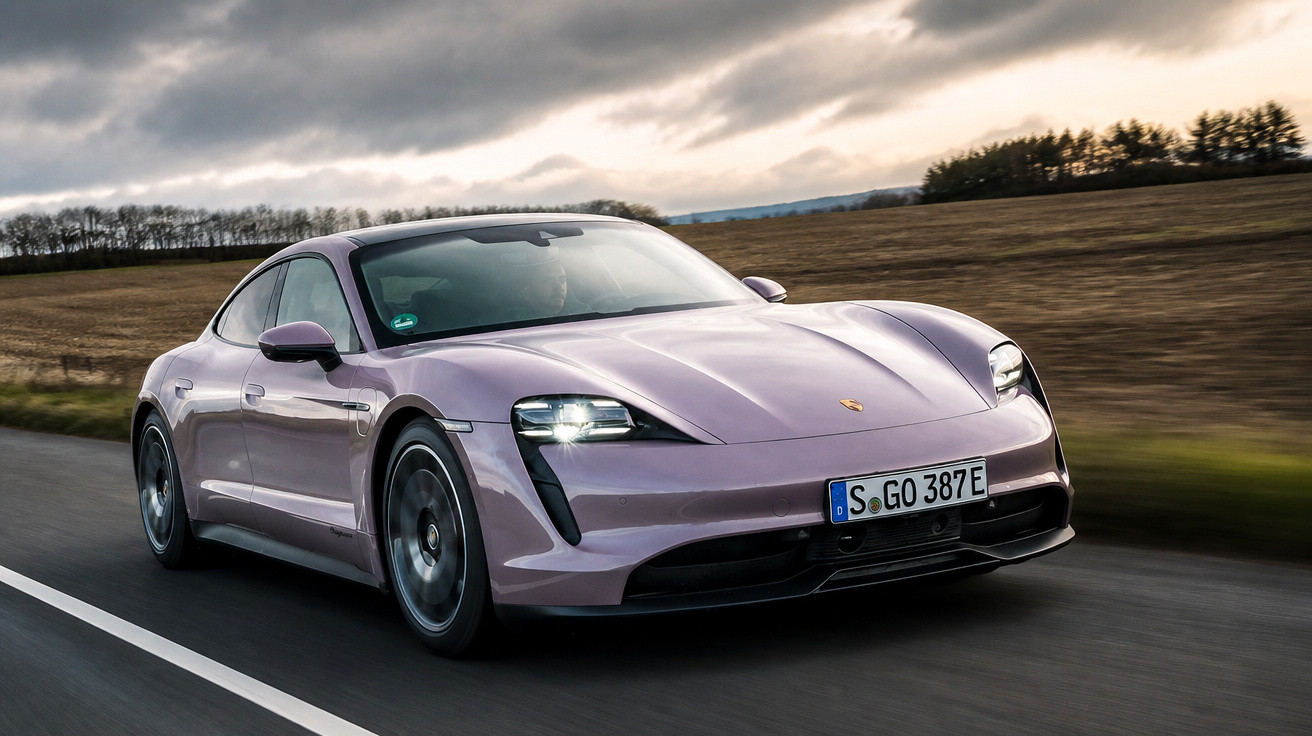 Carro desportivo Porsche Taycan lilás a circular numa estrada com campo e céu nublado ao fundo.