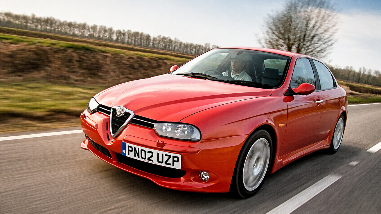 Carro Alfa Romeo vermelho a circular numa estrada, com paisagem rural ao fundo.