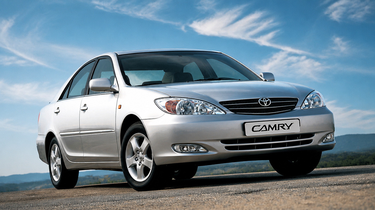 Carro sedan Toyota Camry prateado parado em estrada com céu azul e nuvens ao fundo.