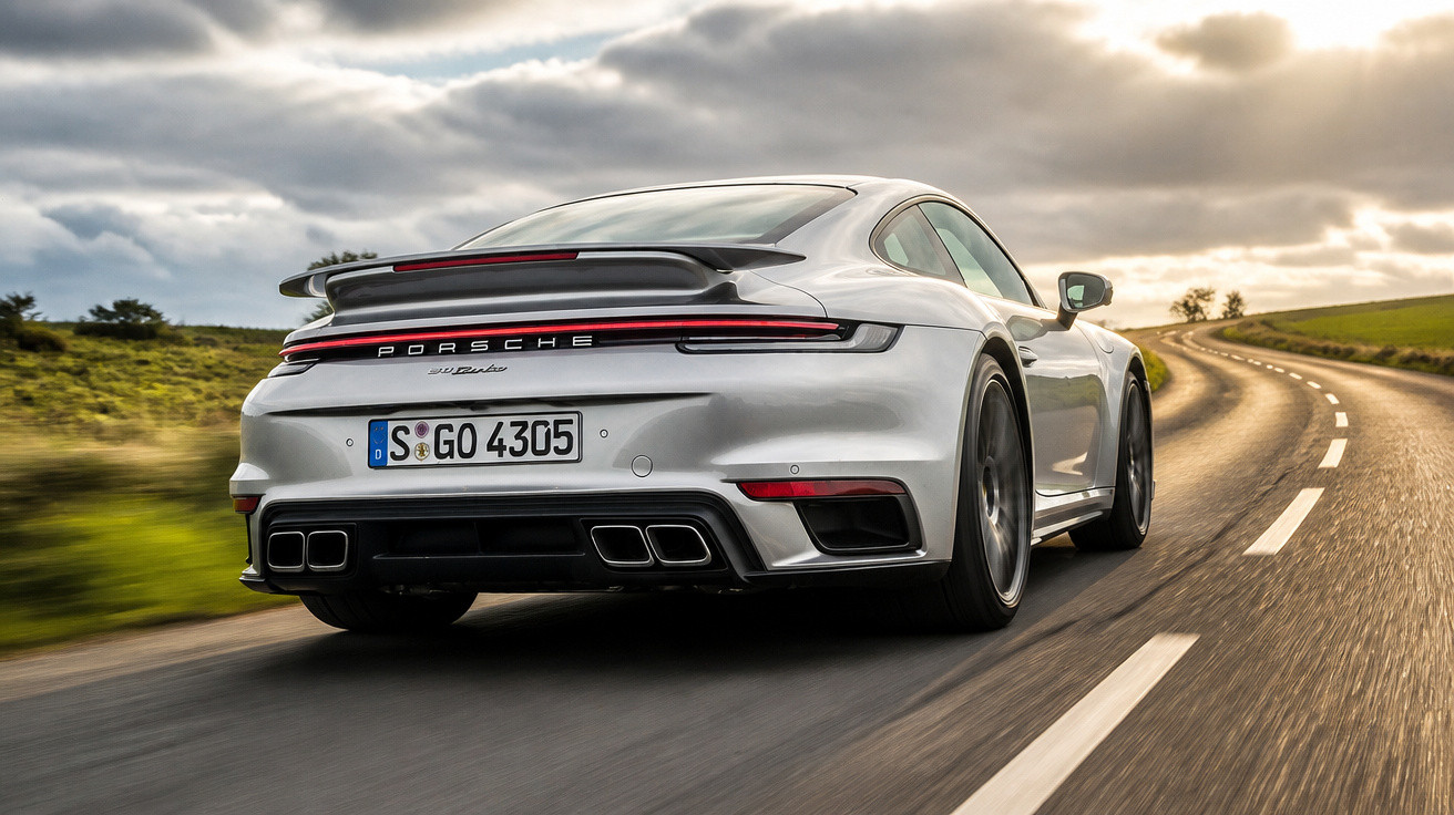 Carro desportivo Porsche cinza a alta velocidade numa estrada sinuosa ao pôr do sol.