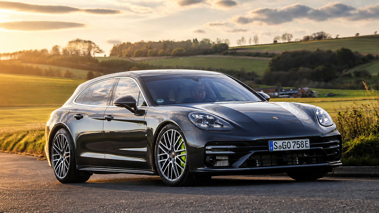Automóvel desportivo preto Porsche Panamera parado numa estrada rural ao pôr do sol.