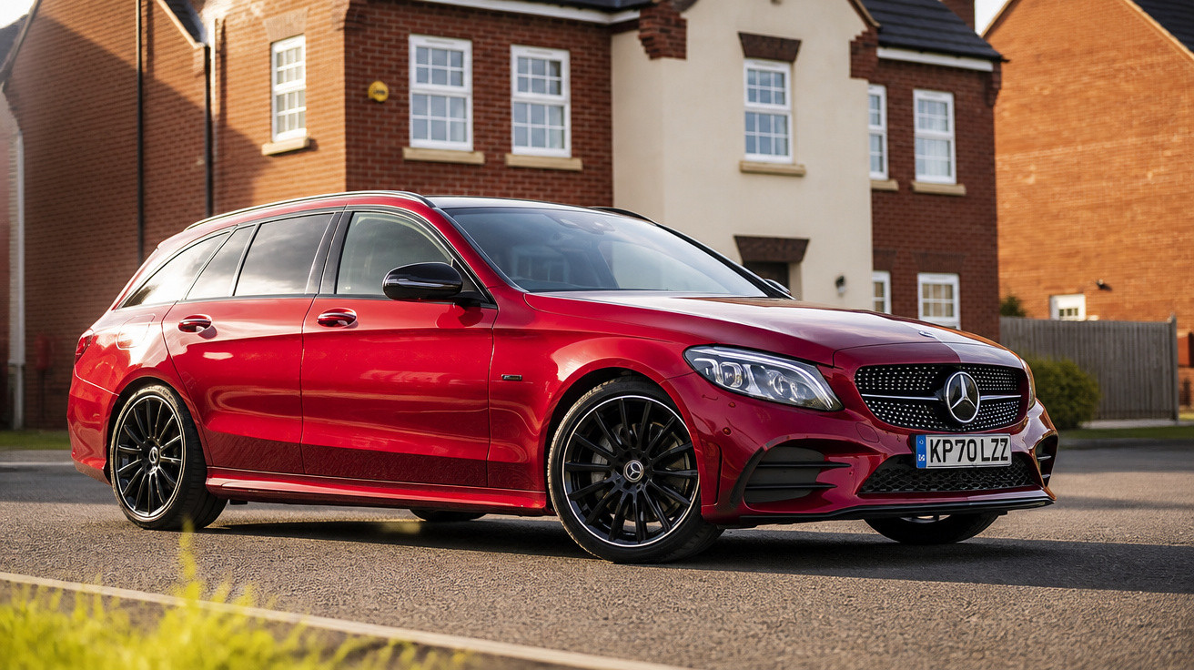 Carro Mercedes-Benz vermelho estacionado numa rua residencial com casas de tijolo ao fundo.