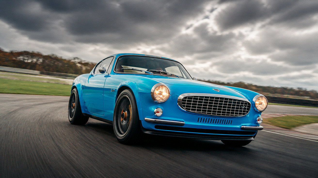 Carro desportivo clássico azul em curva numa pista de corrida sob céu nublado.