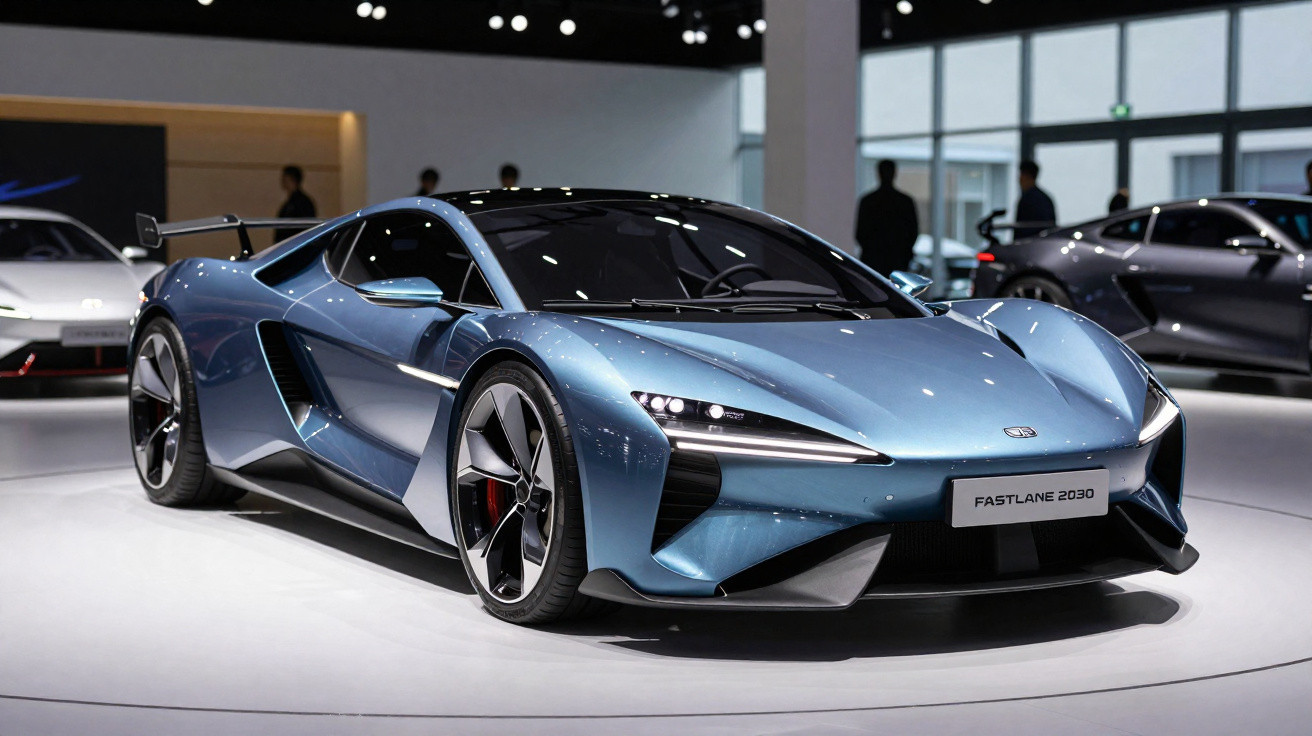 Carro desportivo azul metálico futurista em exposição com design aerodinâmico e faróis LED finos.