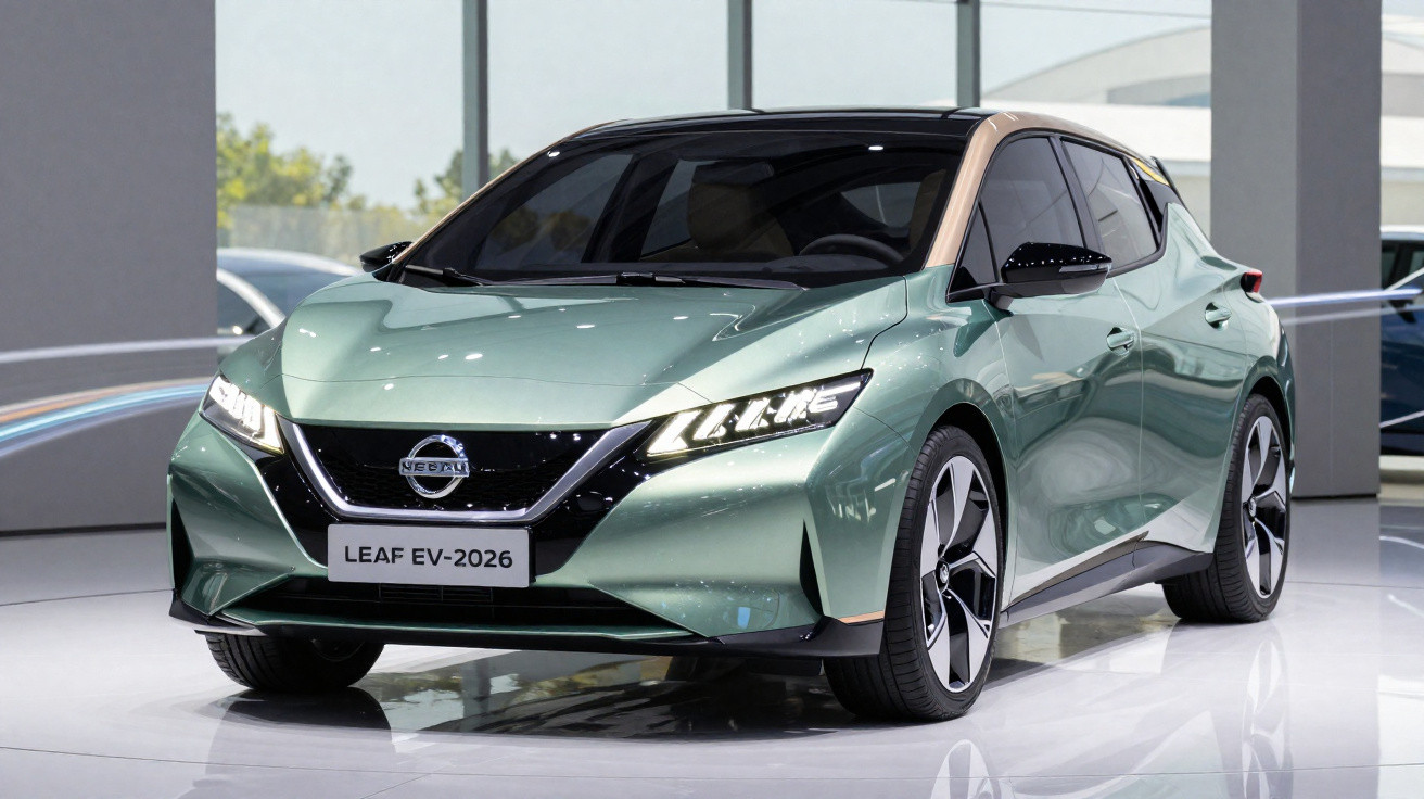Carro eléctrico Nissan Leaf EV-2026 verde metálico exibido num showroom moderno.