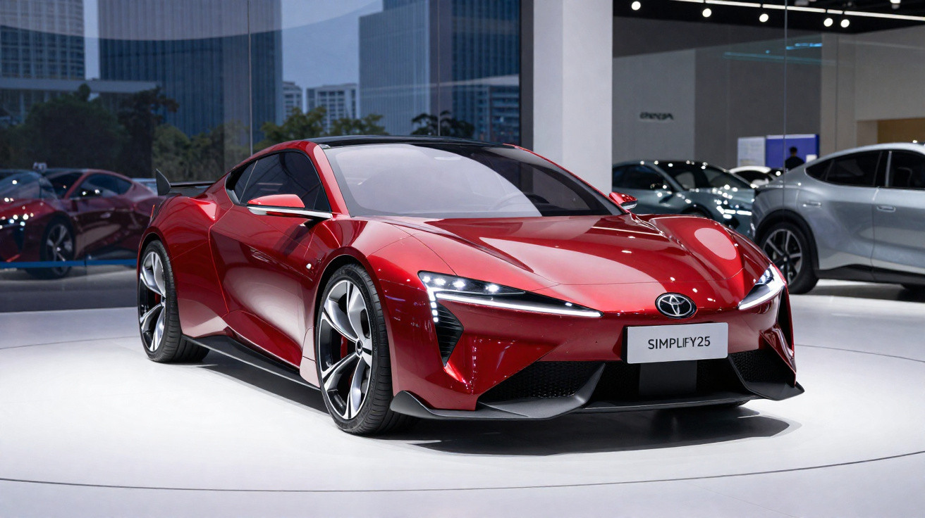 Automóvel desportivo vermelho Toyota simples exibido em feira de automóveis com vidros e outros carros ao fundo.