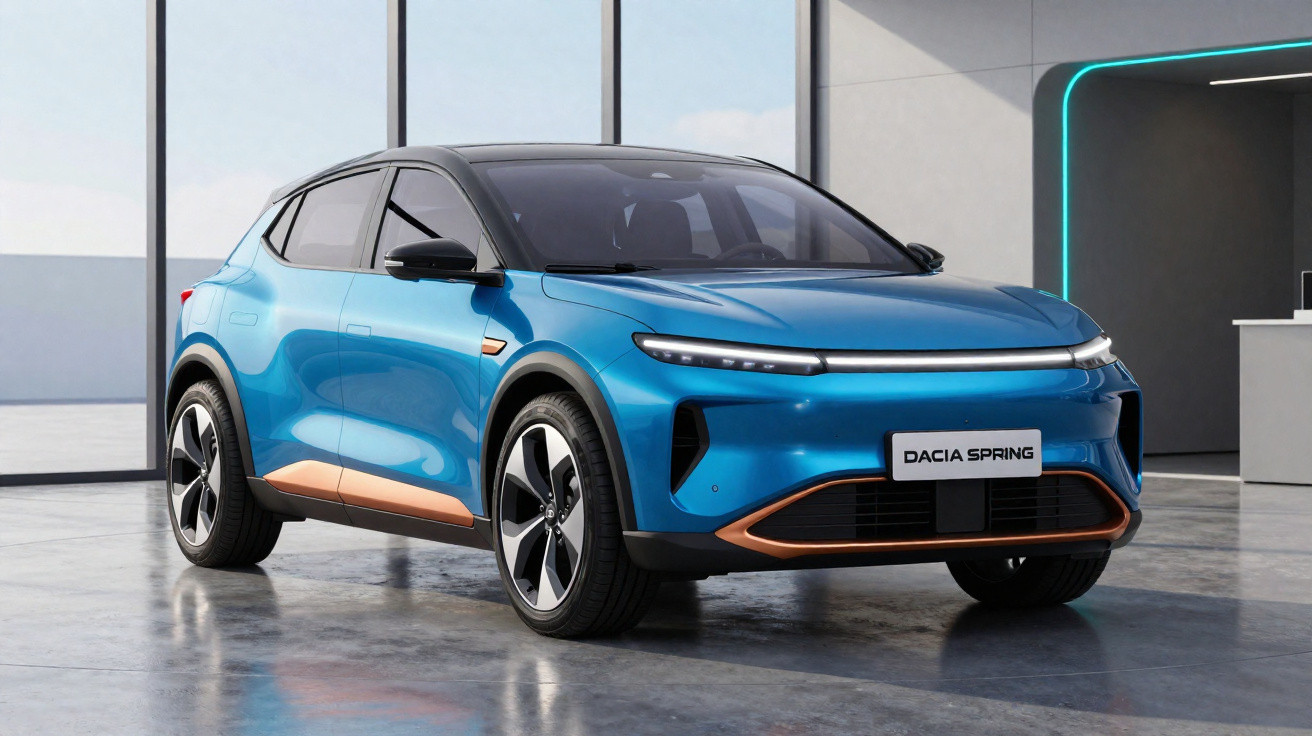 Carro elétrico azul Dacia Spring estacionado num espaço interior moderno com grandes janelas.