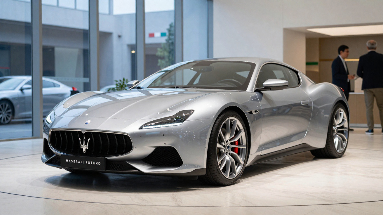 Carro desportivo Maserati Futuro prateado exibido em salão com chão branco e duas pessoas ao fundo.