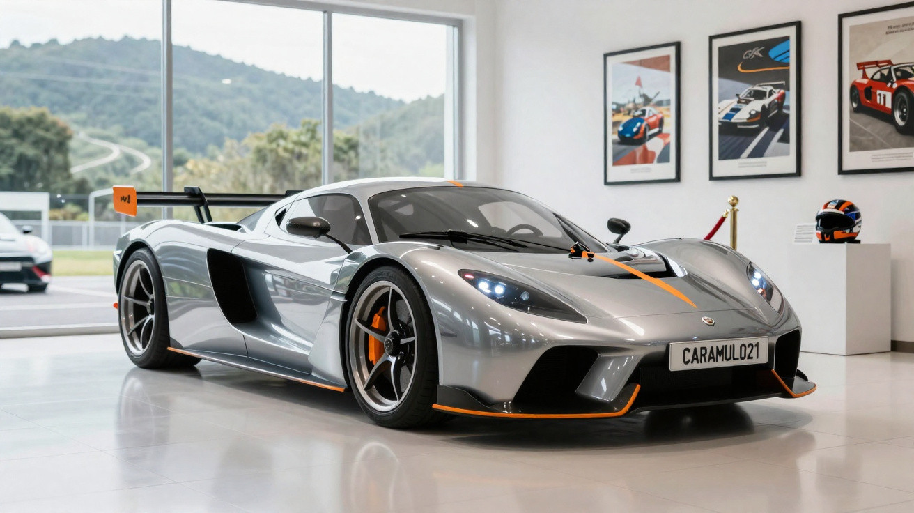 Carro desportivo prata com detalhes laranja numa garagem moderna com quadros de carros na parede.