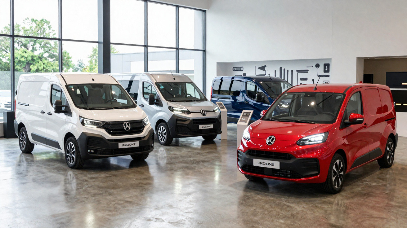 Duas carrinhas brancas, uma azul e uma vermelha expostas num showroom moderno com chão de cimento polido.