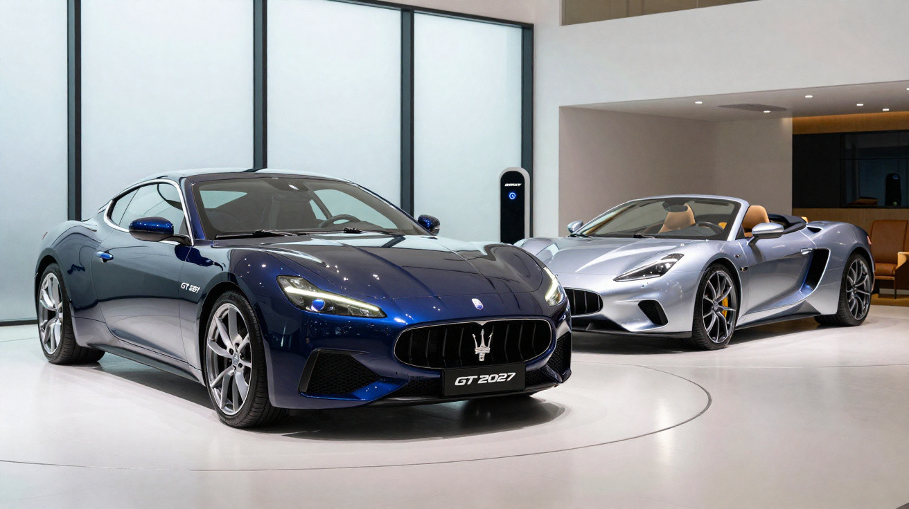 Dois carros desportivos Maserati GT 2027, um azul escuro coupé e um prata descapotável, em showroom moderno.