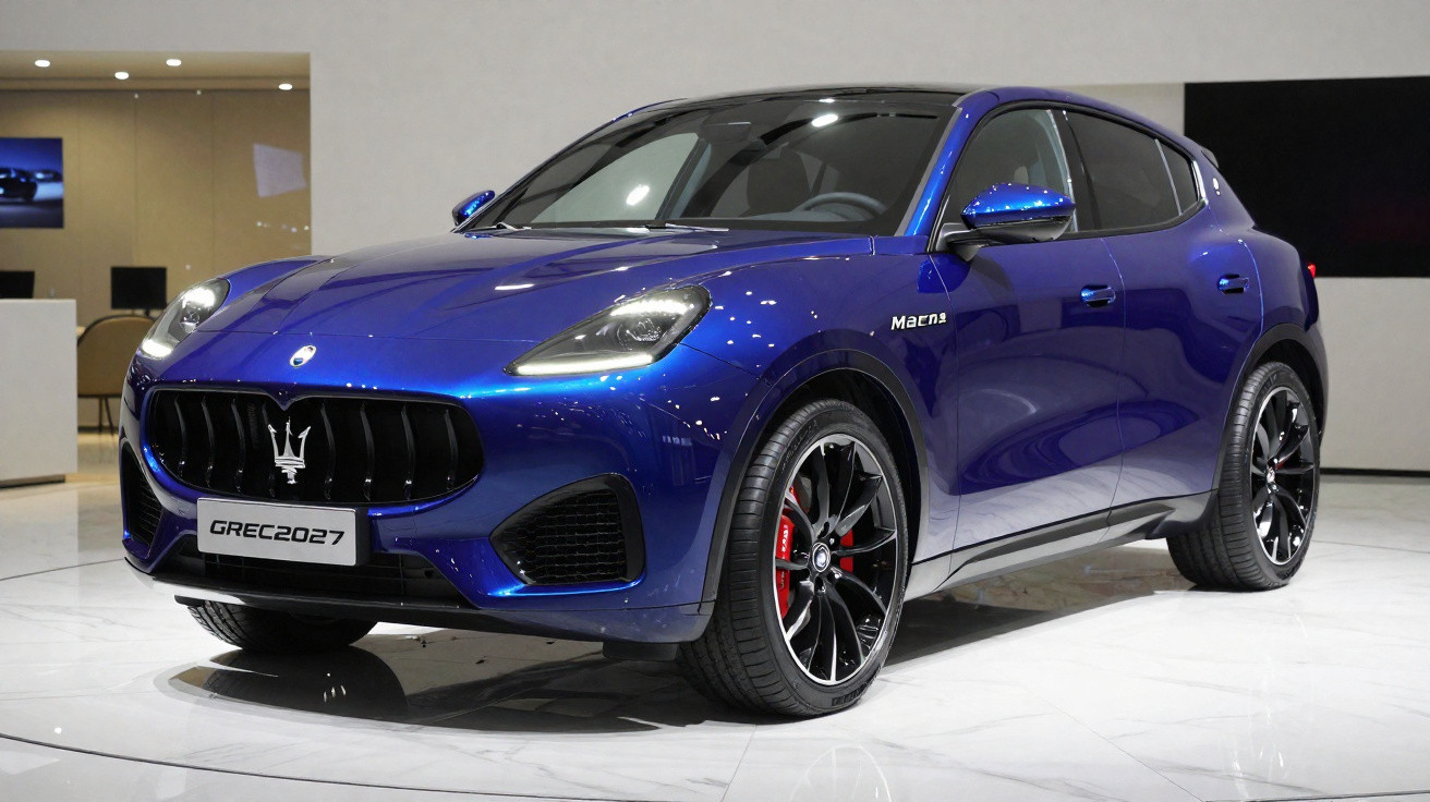 Carro SUV Maserati Grecale azul metálico exibido em salão, com jantes pretas e detalhes vermelhos nas travões.