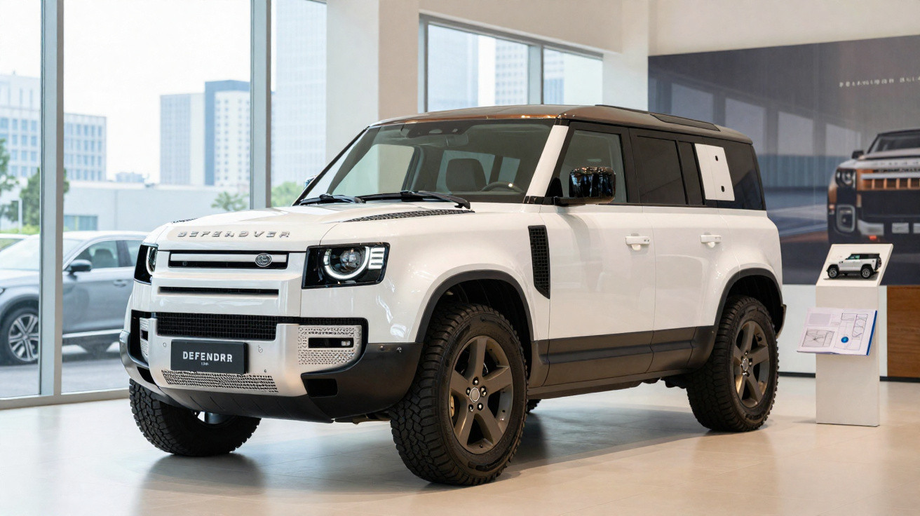 Veículo Land Rover Defender branco exposto em showroom moderno com grandes janelas e imagens do carro.