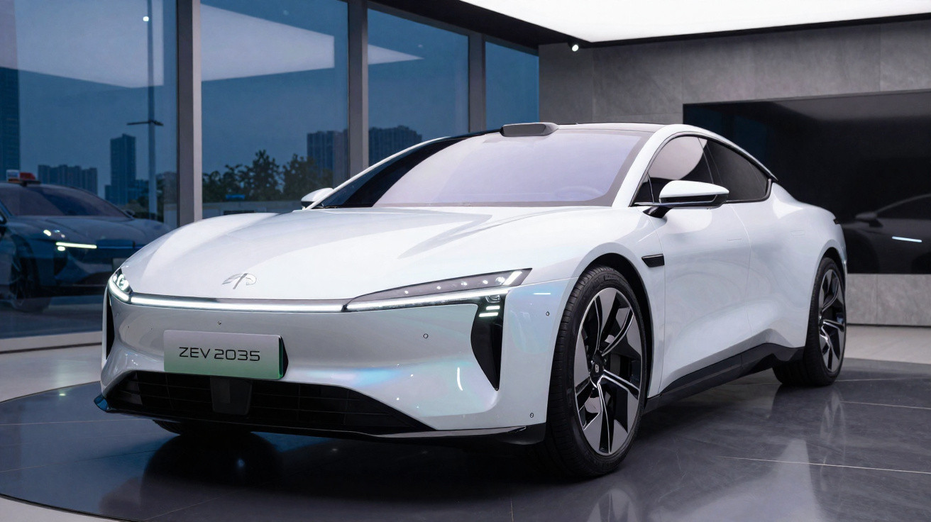 Carro elétrico branco futurista modelo ZEV 2035 exibido em showroom moderno e minimalista.