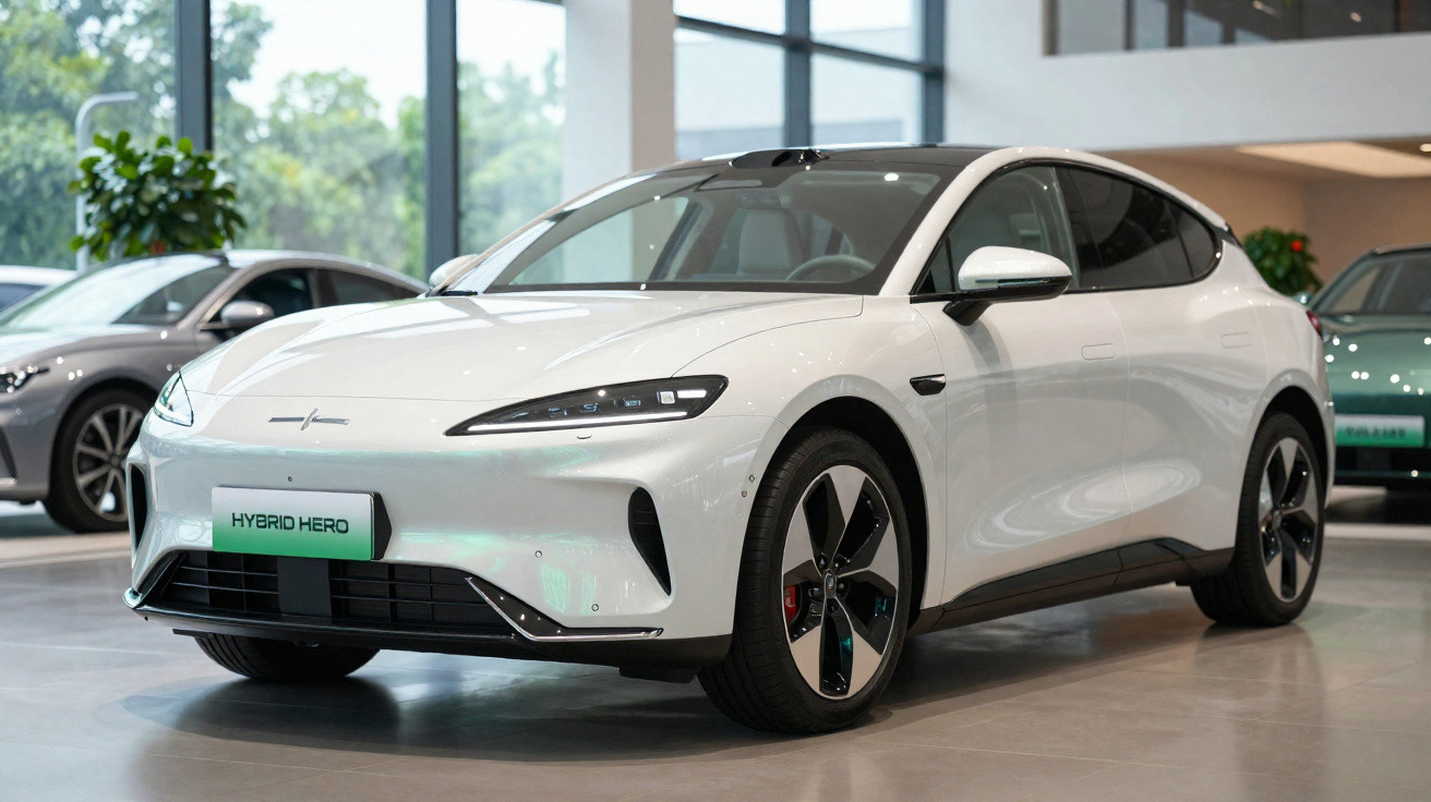 Carro elétrico branco modelo Hybrid Hero em exposição numa sala moderna com janelas grandes.