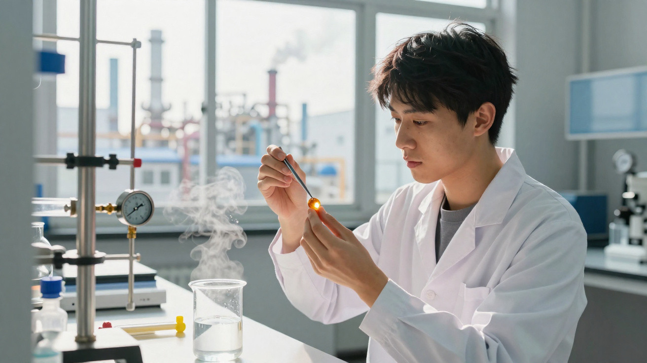 Jovem cientista com bata branca a segurar uma amostra iluminada num laboratório moderno.