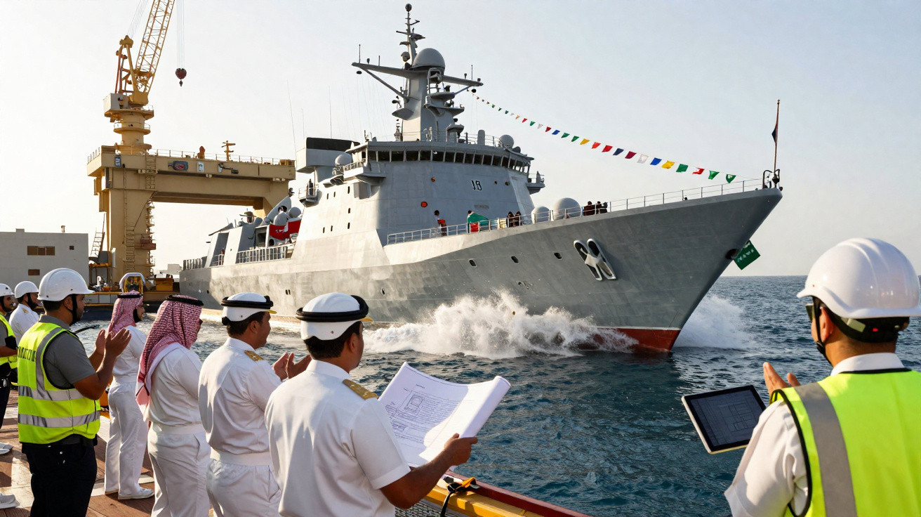 Navio de guerra cinzento a navegar junto a cais com pessoas de uniforme e capacete a aplaudir.
