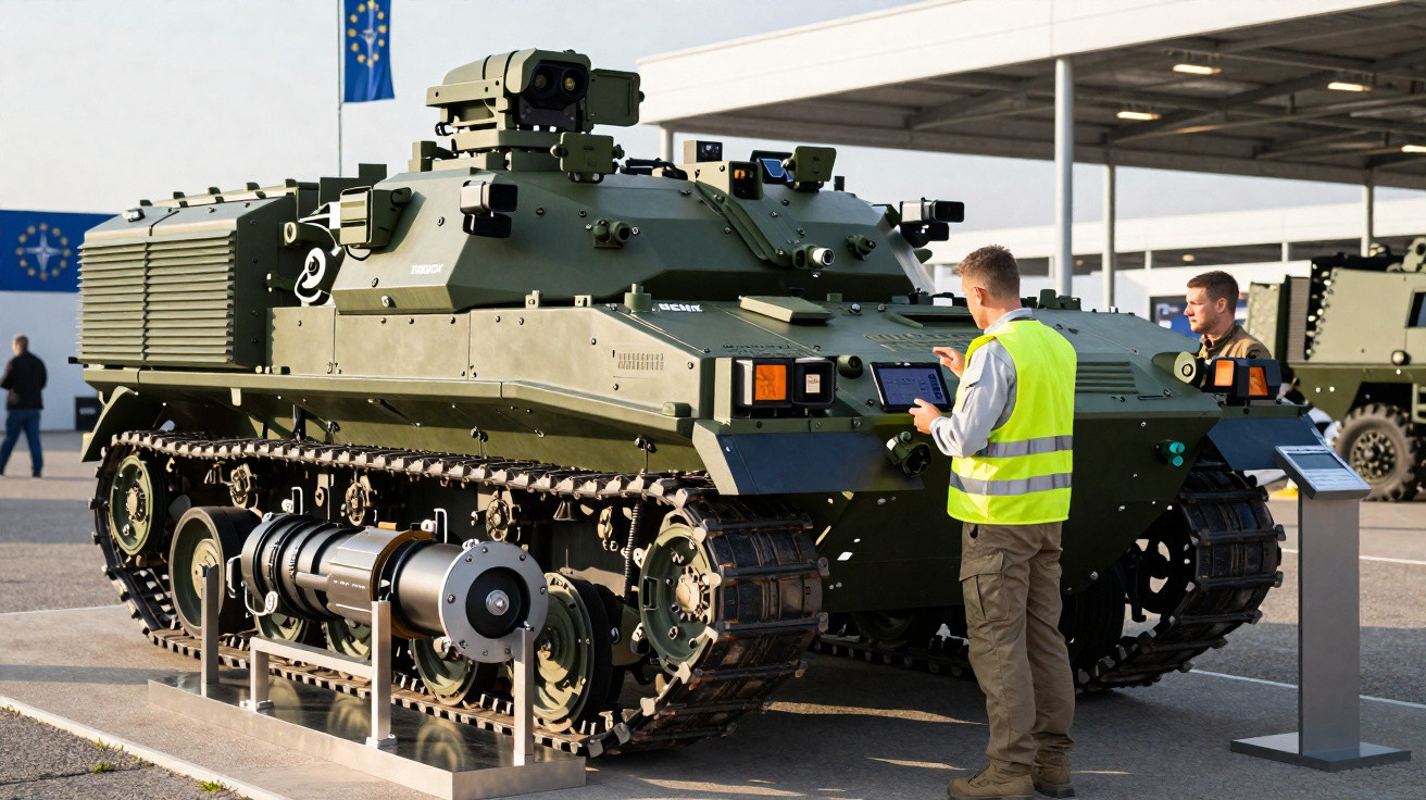 Veículo blindado militar verde com sistemas eletrónicos e pessoas a operar equipamento próximo.